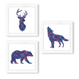 Conjunto de animales en punto de cruz, oso, ciervo, lobo, geométrico, brillante, camping, paisaje, bosque, bosque salvaje - Patrón de punto de cruz (formato digital - PDF)
