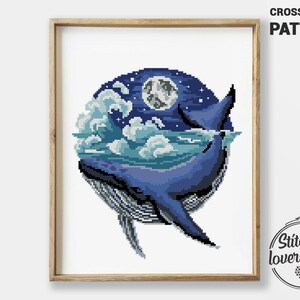 Whale Cross Stitch Pattern | Ocean Silhouette | Night Sky Moon & Clouds | Sea Landscape Nursery Decor | Digital PDF Pattern