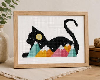 Black Cat Cross Stitch Pattern, Mountain Cat Embroidery PDF, Modern Cat Silhouette Art, Colorful Landscape Cross Stitch, Cat Lover Gift