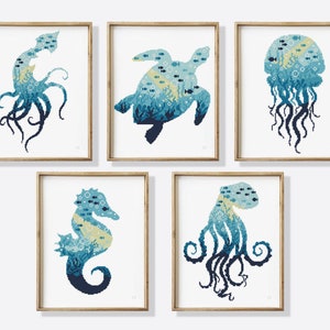 Sea animals set counted cross stitch pattern sea ocean animal fish silhouette jellyfish turtle - Cross Stitch Pattern (Digital Format - PDF)