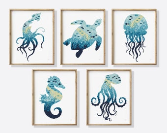 Sea animals set counted cross stitch pattern sea ocean animal fish silhouette jellyfish turtle - Cross Stitch Pattern (Digital Format - PDF)
