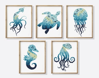 Conjunto de patrones de punto de cruz de animales marinos: Vida marina oceánica (PDF)