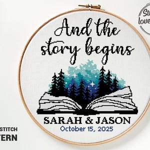 May include: Cross stitch pattern featuring an open book with a forest scene and starry sky inside. The text "And the story begins" is above the book. Below the book is the text "SARAH & JASON" and "October 15, 2025".