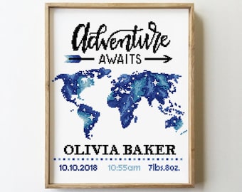 World map birth announcement counted cross stitch pattern nursery baby kids girl boy adventure - Cross Stitch Pattern (Digital Format - PDF)