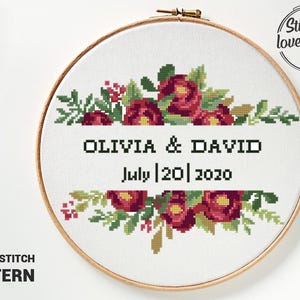 Wedding Record Cross Stitch Pattern | Floral Peony Embroidery | Engagement Gift Sampler | Anniversary Keepsake PDF Digital Download