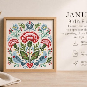 May include: A framed cross-stitch pattern featuring a floral design with red carnations, blue birds, and green leaves. The text "JANUARY Birth Flowers" is displayed, along with the phrase "Carnations are thought to represent devoted love."
