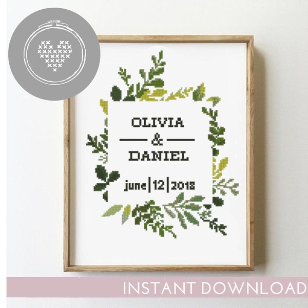 Green wreath wedding record counted cross stitch pattern floral leaves leaf shower engagement - Cross Stitch Pattern (Digital Format - PDF)