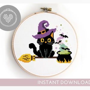 Halloween kat geteld kruissteekpatroon silhouet dier pompoen steekkaart DIY schattig - kruissteekpatroon (digitaal formaat - pdf)