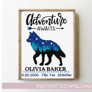 Anuncio de nacimiento de montaña / Patrón de punto de cruz / Muestrario de bebé de aventuras / Decoración infantil / Patrón PDF