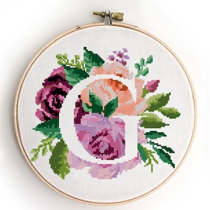 Patrón de punto de cruz con la letra G, monograma floral, peonías, rosas, ramo, habitación de bebé, boda - Patrón de punto de cruz (formato digital - PDF)