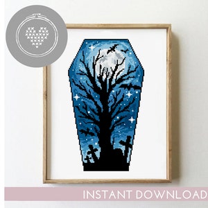 Halloween Coffin Cross Stitch Pattern: Floral Landscape (Digital PDF)