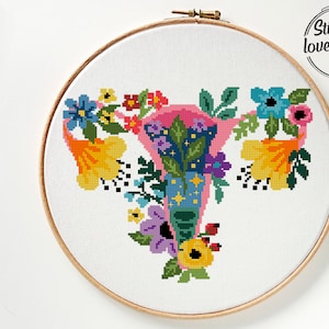 Pode incluir: Aro de bordado de ponto cruz com um design floral colorido que representa um útero. As flores são em tons de rosa, amarelo, azul, verde e roxo. O útero é rosa com um interior verde e azul.
