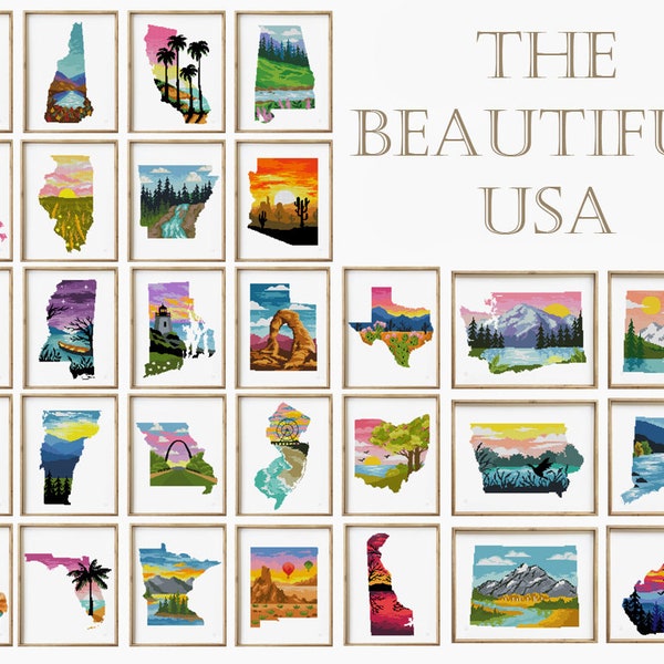 PRINTABLE The Beautiful USA 50 in 1 counted cross stitch pattern silhouette modern chart - Cross Stitch Pattern (Digital Format - PDF)