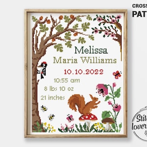 Padrão de ponto cruz para anúncio de nascimento na floresta em PDF | Amostra fácil de bebê animal | Decoração de berçário faça você mesmo | Gráfico de ponto X contado