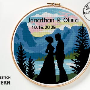 Hochzeit Silhouette | Berg Kreuzstichmuster | Verliebtes Paar | Personalisiertes Hochzeitsgeschenk | Landschaft-Stickerei-Kunst | PDF Stickvorlage