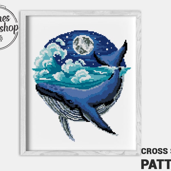 Whale counted cross stitch pattern silhouette night moon sea ocean clouds landscape nursery - Cross Stitch Pattern (Digital Format - PDF)