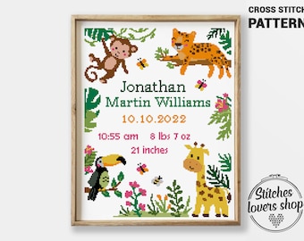 Jungle counted cross stitch pattern easy chart DIY birth announcement animals baby shower gift - Cross Stitch Pattern (Digital Format - PDF)