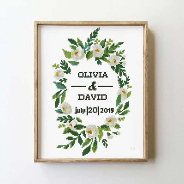 Green wreath wedding record counted cross stitch pattern floral peonies shower engagement love - Cross Stitch Pattern (Digital Format - PDF)