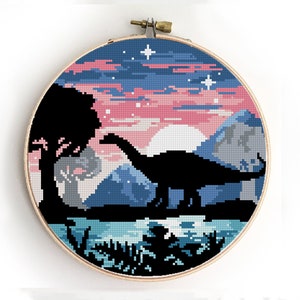 Dinosaurier Landschaft Kreuzstich Muster | Natur Wilde Berge Xstitch | Mond Himmel DIY Diagramm | Einfache moderne Stickdatei