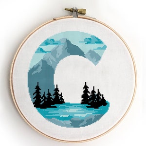 Letter C counted cross stitch pattern monogram night sky forest nursery northern lights kids - Cross Stitch Pattern (Digital Format - PDF)