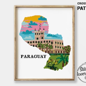 Schema punto croce Paraguay / Silhouette paesaggio / Mappa del paese della natura / Download immediato in PDF