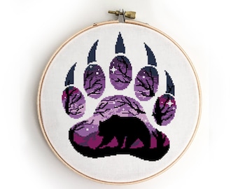 Bear Paw Starry Night Cross Stitch Pattern: Forest Landscape (PDF)