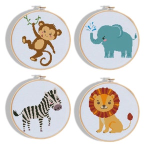 Niedliches Tier Kreuzstichmuster Set PDF | Elefant Löwe Zebra Affe Design | Baby Sampler | Gezählte DIY Kreuzstich Vorlage