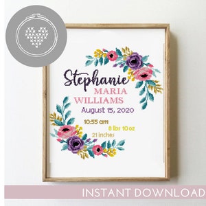 Floral wreath birtn announcement counted cross stitch pattern baby nursery personalized custom - Cross Stitch Pattern (Digital Format - PDF)