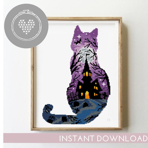 Halloween cat counted cross stitch pattern silhouette animal landscape castle moon xstitch  - Cross Stitch Pattern (Digital Format - PDF)