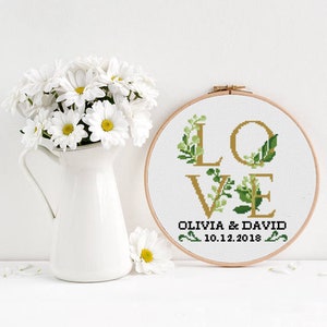 LOVE wedding record counted cross stitch pattern floral leaves shower engagement leaf green - Cross Stitch Pattern (Digital Format - PDF)