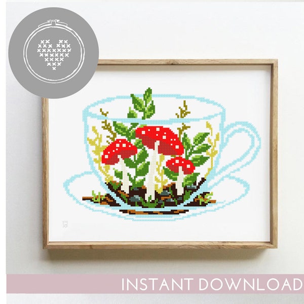 Mushroom Terrarium Cross Stitch Pattern: Floral Cup Embroidery (PDF)