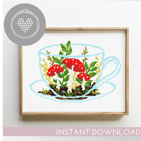 Terrarium in cup counted cross stitch pattern mushroom floral florarium plants silhouette   - Cross Stitch Pattern (Digital Format - PDF)