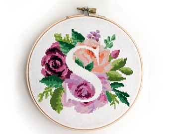 Letter S counted cross stitch pattern monogram floral peony roses bouquet nursery baby wedding - Cross Stitch Pattern (Digital Format - PDF)