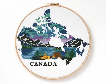 Patrón de punto de cruz del mapa de Canadá / Aurora Boreal, montañas, gráfico de bordado de lago (descarga en PDF)