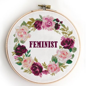 Feministisch geteld kruissteekpatroon rozen pioen plaat bladeren blad bloemen krans offerte grafiek - kruissteekpatroon (digitaal formaat - pdf)
