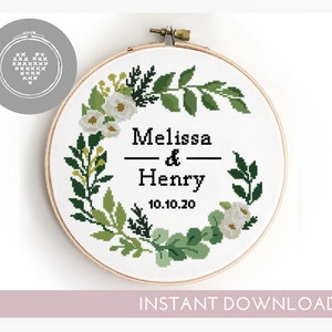 Groen bruiloft krans kruissteekpatroon | Bloemen eucalyptus xstitch | Save-the-date-diagram | PDF DIY bloemenpatroon