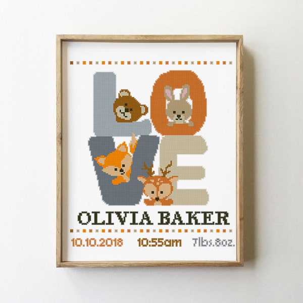 Love birth announcement counted cross stitch pattern for nursery animals bear deer fox bunny - Cross Stitch Pattern (Digital Format - PDF)