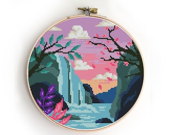 Waterfall Galaxy Cross Stitch Pattern: Modern Nature Design (PDF)