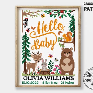 Forest counted cross stitch pattern easy chart DIY birth announcement animals baby shower gift - Cross Stitch Pattern (Digital Format - PDF)