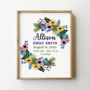 Floral wreath birth announcement counted cross stitch pattern baby nursery personalized custom - Cross Stitch Pattern (Digital Format - PDF)