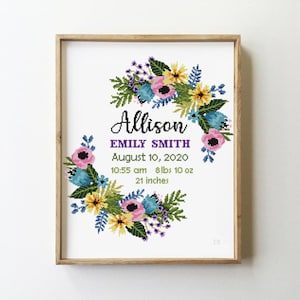 Patrón de punto de cruz para anuncio de nacimiento de corona floral / Punto de cruz para habitación de bebé / Gráfico personalizado DIY / Bordado moderno en PDF