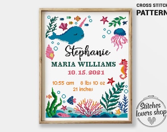 Birth Announcement Cross Stitch Pattern PDF | Modern Baby Sampler Chart | DIY Counted Xstitch