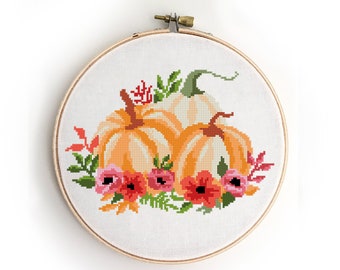 Pumpkin Bouquet Cross Stitch Pattern: Floral Autumn Design (PDF Download)