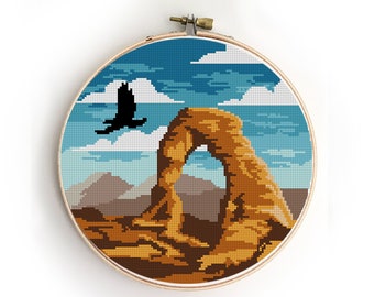 Arches National Park Cross Stitch Pattern – Utah Landscape, Bird (PDF Pattern)