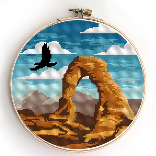 Arches national park counted cross stitch pattern Utah nature landscape bird sky mountains - Cross Stitch Pattern (Digital Format - PDF)