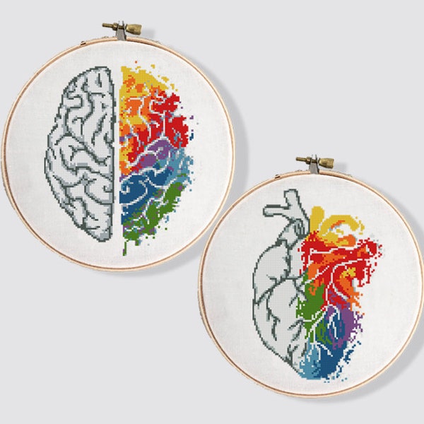 Set of 2 rainbow heart and brain counted cross stitch pattern  body  starry  people - Cross Stitch Pattern (Digital Format - PDF)