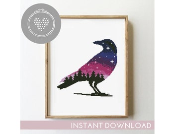 Starry Raven Cross Stitch Pattern – Galaxy Forest Landscape (PDF Pattern)