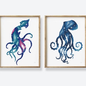 Set van 2 getelde kruissteekpatroon octopus inktvis zee oceaan dier vis silhouet melkweg - kruissteekpatroon (digitaal formaat - pdf)