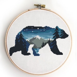 Bear Cross Stitch Pattern | Woodland Landscape | Forest Mountain Nature PDF | Animal DIY Embroidery | Modern Cross Stitch Download