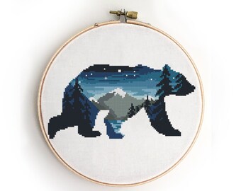 Bear Cross Stitch Pattern: Mountain Landscape Embroidery (PDF Download)